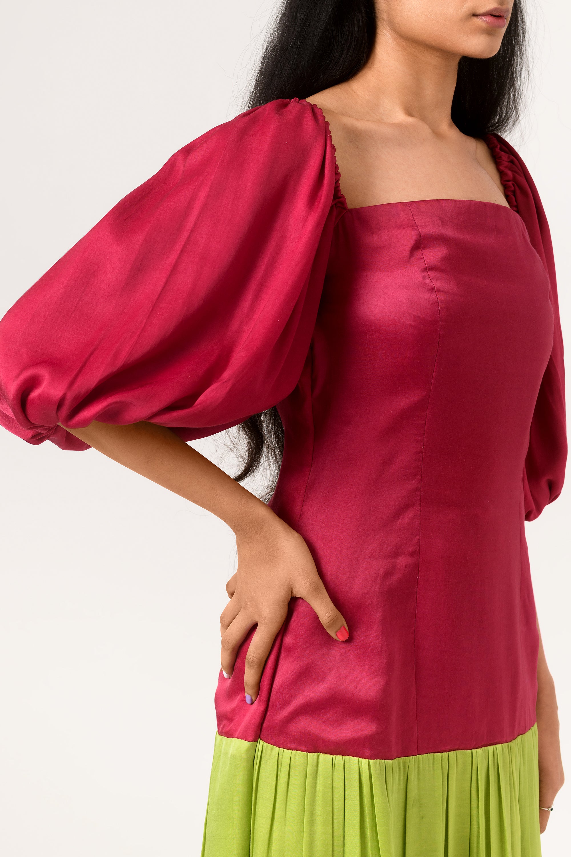 green gather dress