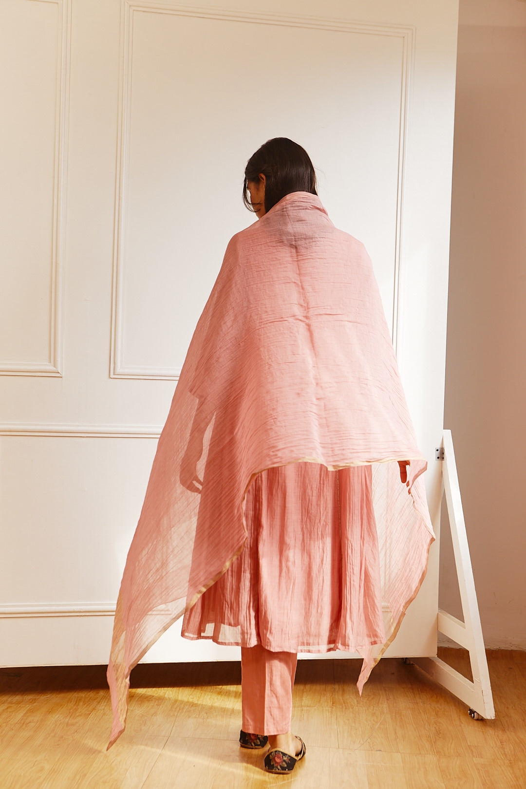 CHANDERI OLD ROSE COLOUSERD PINTUCK YOKE KURTA SET