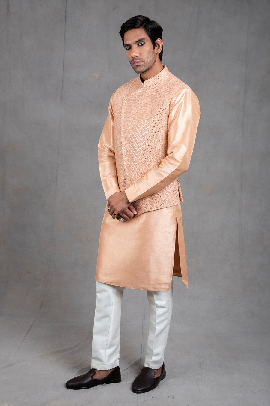 peach kurta pajama with jacket