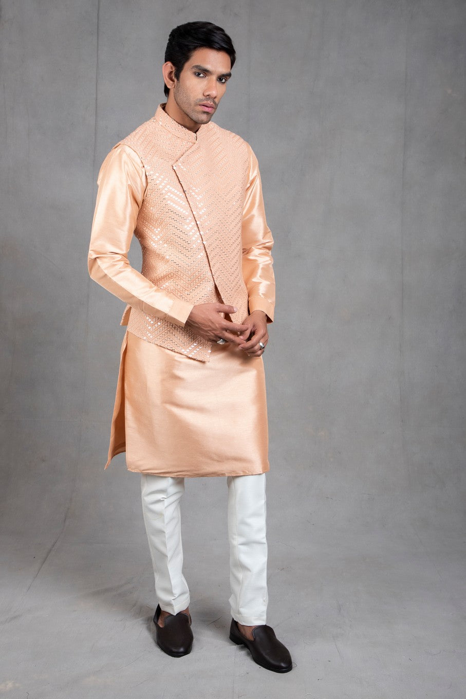 peach kurta pajama with jacket