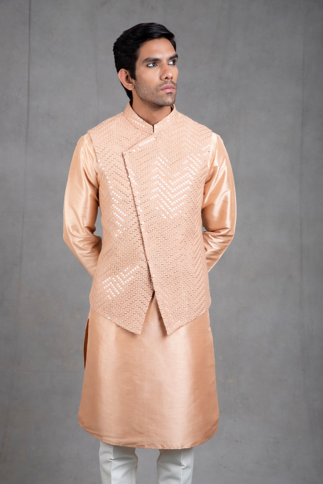 peach kurta pajama with jacket
