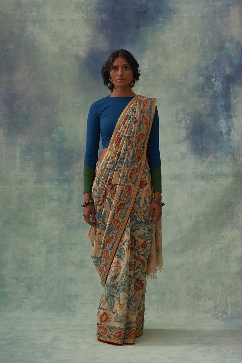 Pragalbha' Kalamkari with Zari Pure Banarasi Silk Saree