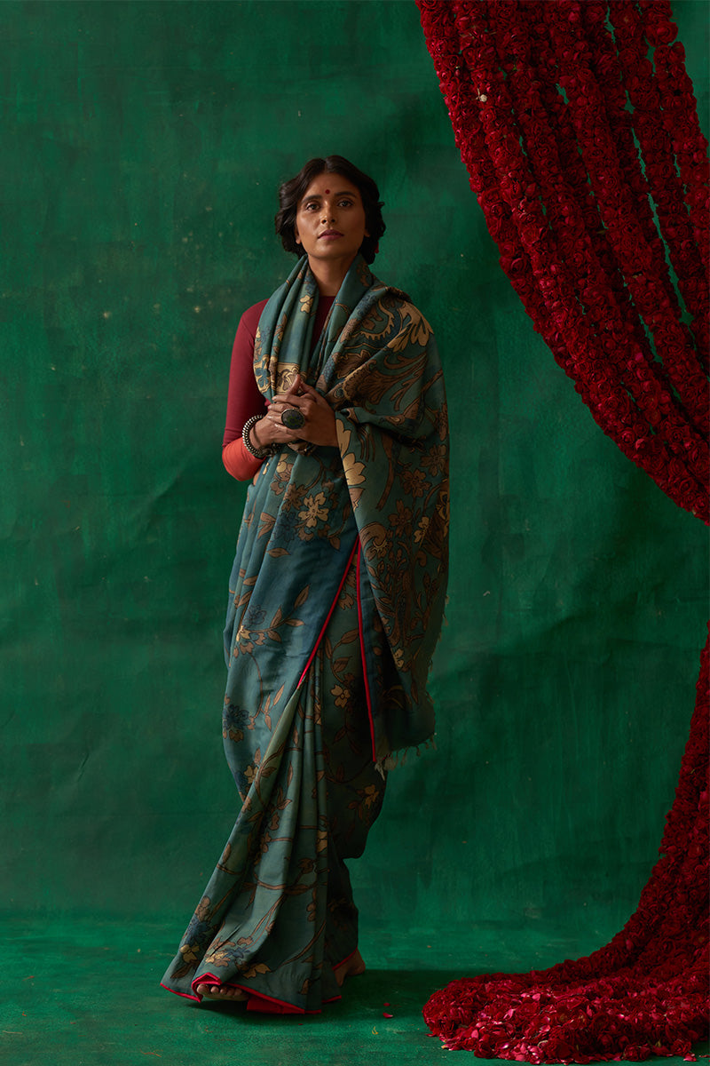 Raagmala' Kalamkari Pure Kanjivaram Silk Saree