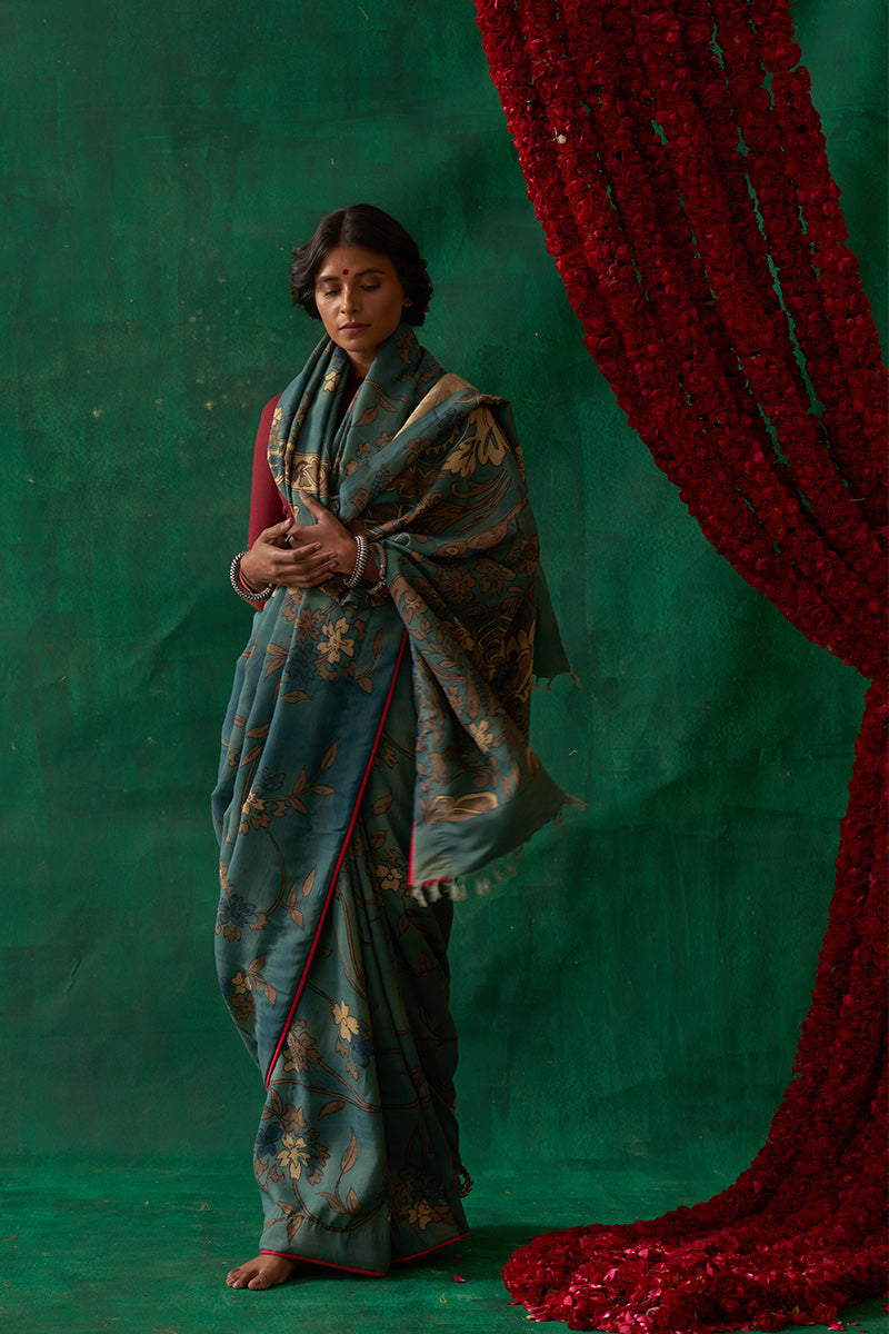 Raagmala' Kalamkari Pure Kanjivaram Silk Saree