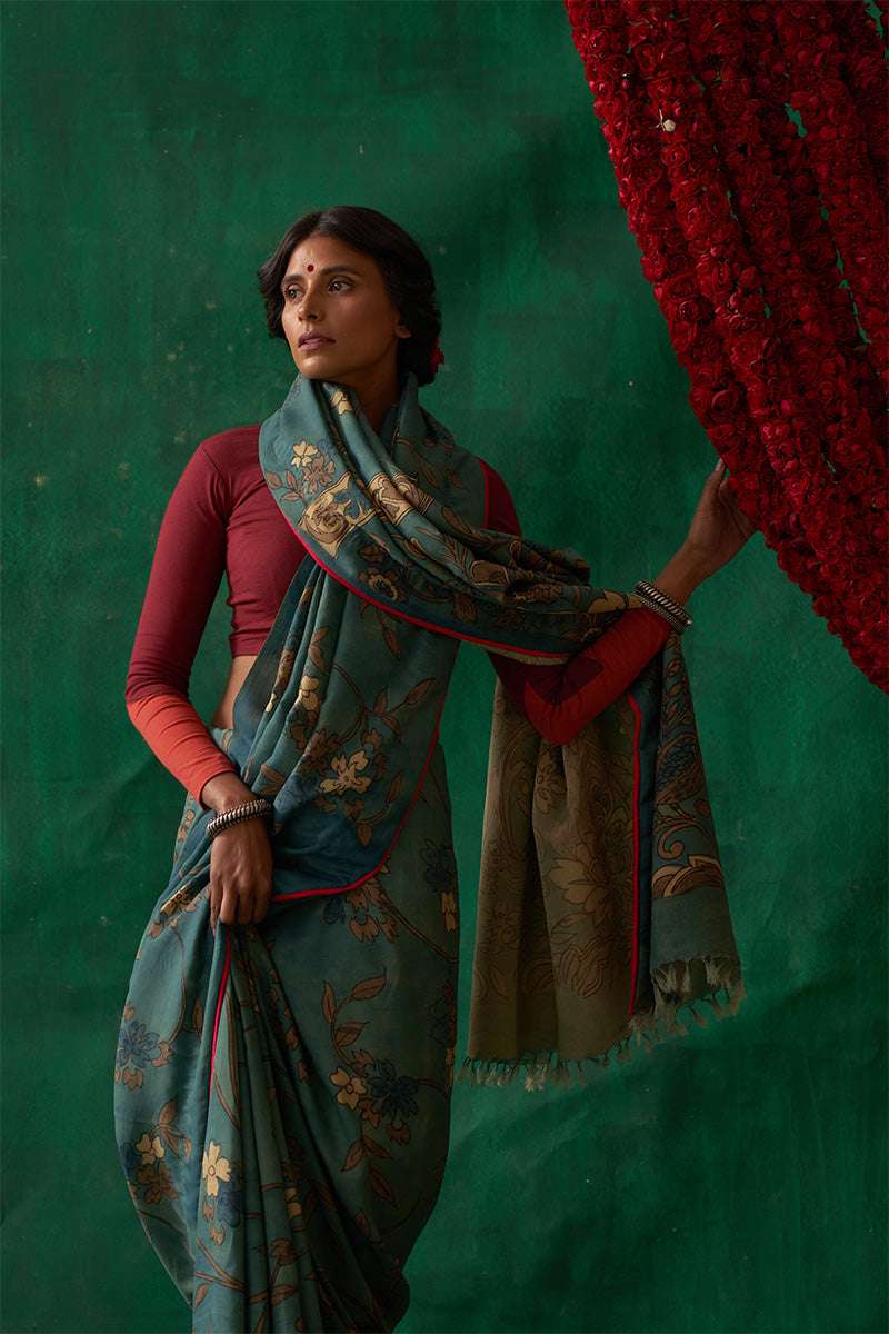 Raagmala' Kalamkari Pure Kanjivaram Silk Saree
