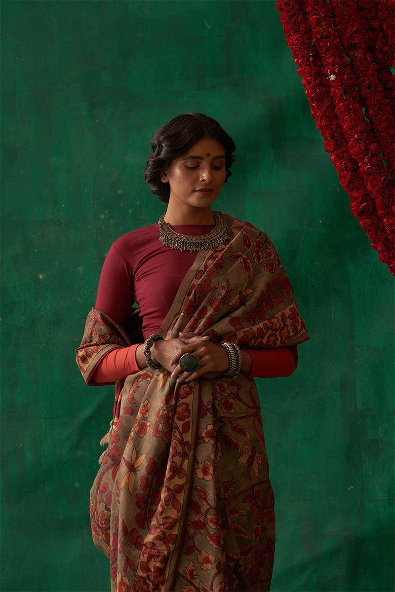 Radha'Kalamkari Pure Kanjivaram Silk Saree