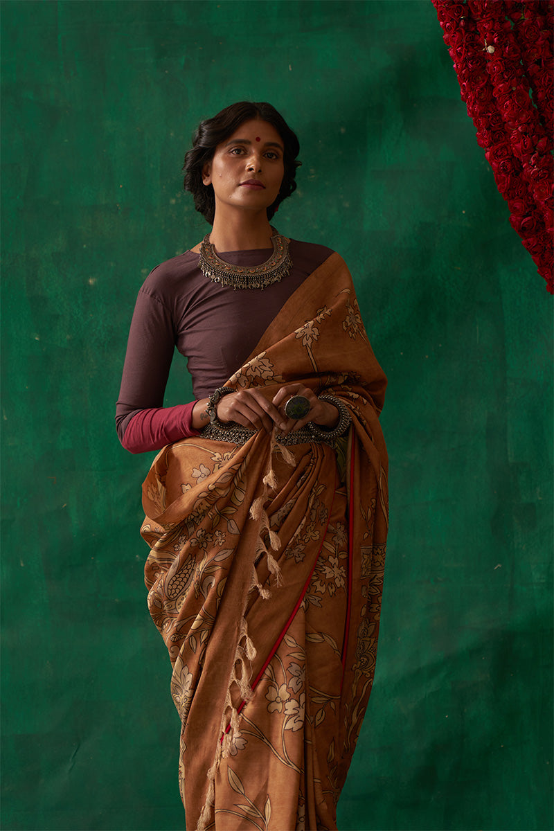 Mukhari' Kalamkari Pure Banarasi Silk Saree