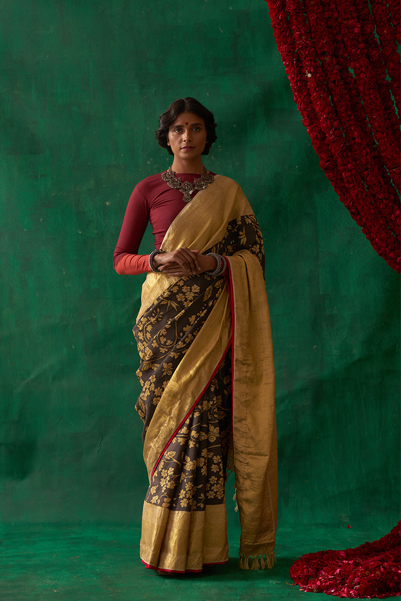 Pauravi' Kalamkari with Zari Pure Kanjivaram Silk Saree
