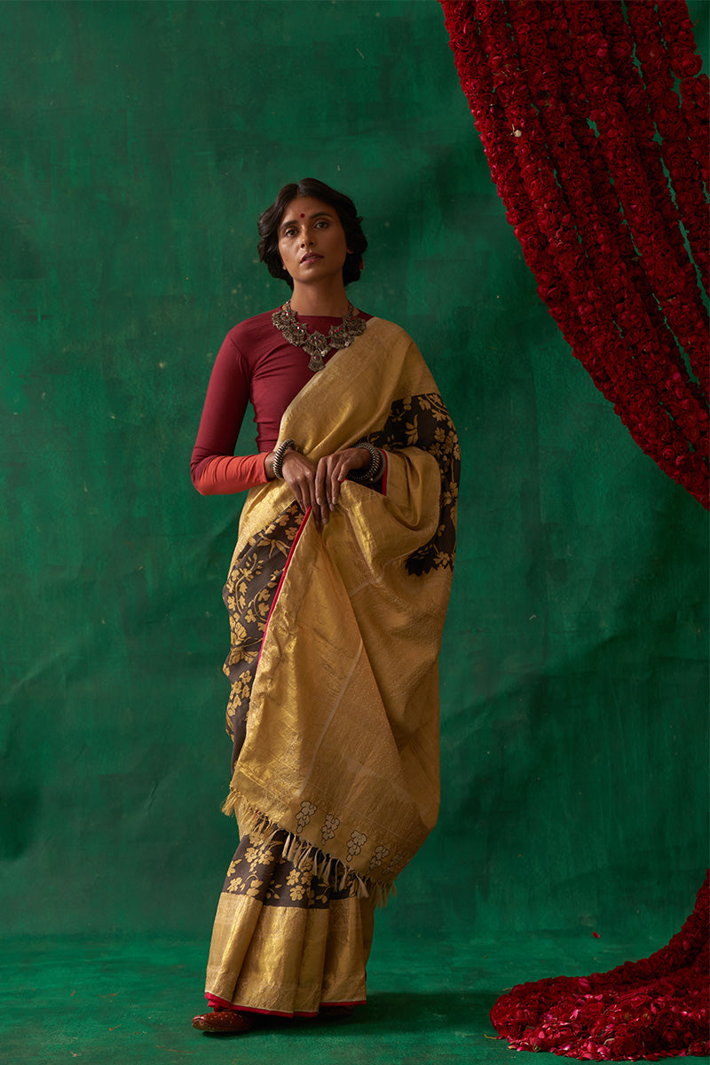 Pauravi' Kalamkari with Zari Pure Kanjivaram Silk Saree