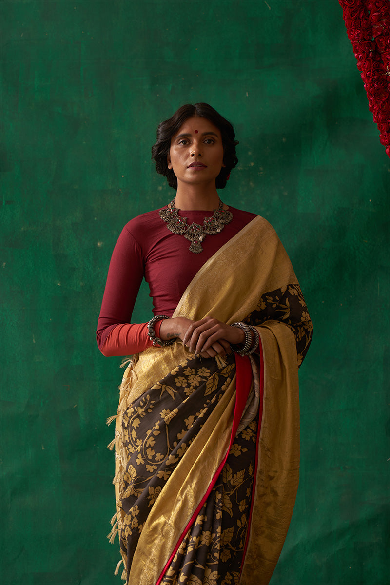 Pauravi' Kalamkari with Zari Pure Kanjivaram Silk Saree