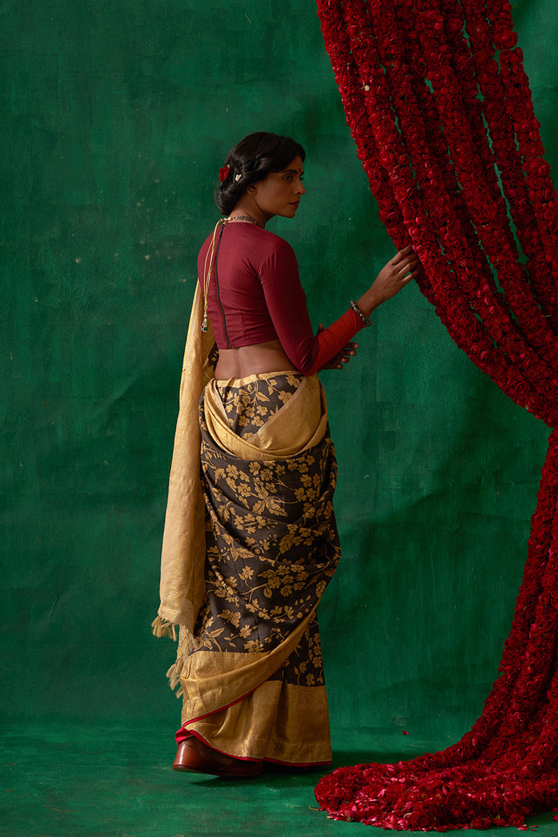 Pauravi' Kalamkari with Zari Pure Kanjivaram Silk Saree