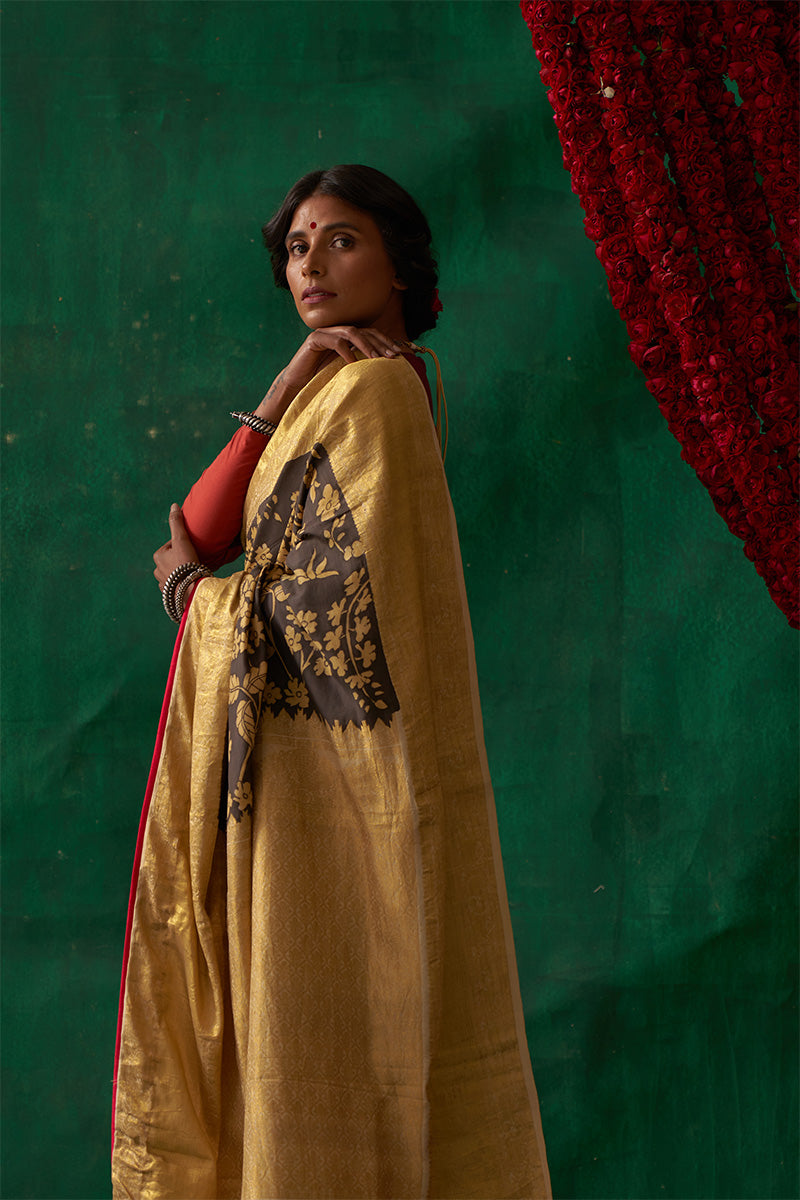 Pauravi' Kalamkari with Zari Pure Kanjivaram Silk Saree
