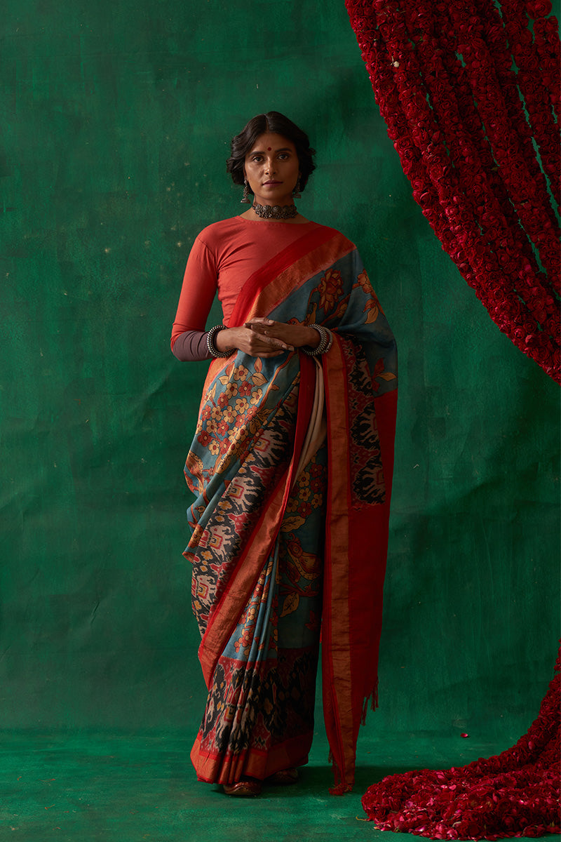 Malashri' Kalamkari with Zari Pure Pochampally Ikat Silk Saree