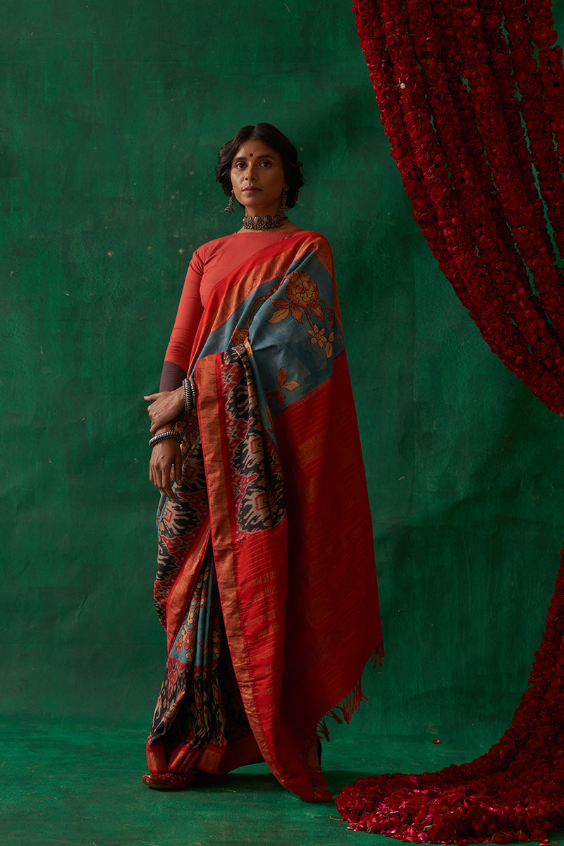 Malashri' Kalamkari with Zari Pure Pochampally Ikat Silk Saree