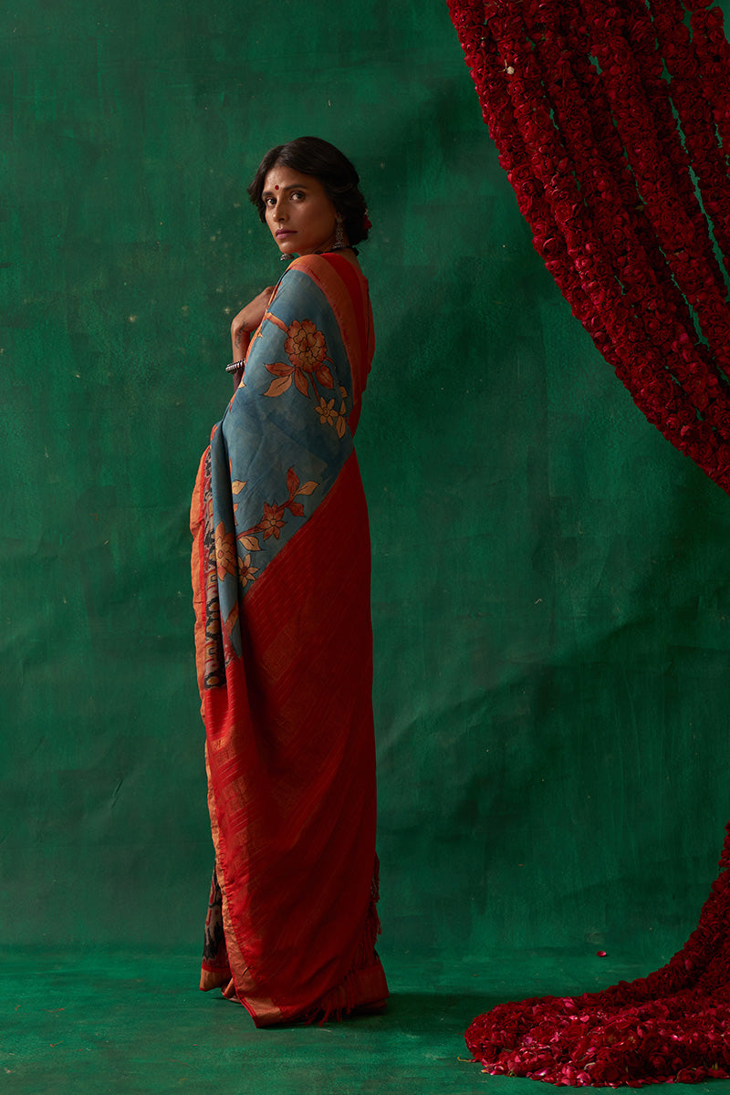 Malashri' Kalamkari with Zari Pure Pochampally Ikat Silk Saree
