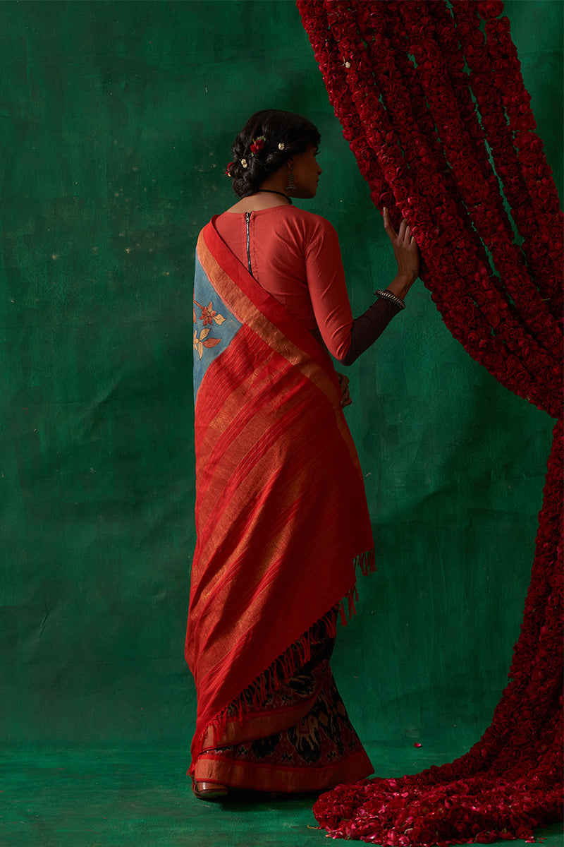 Malashri' Kalamkari with Zari Pure Pochampally Ikat Silk Saree