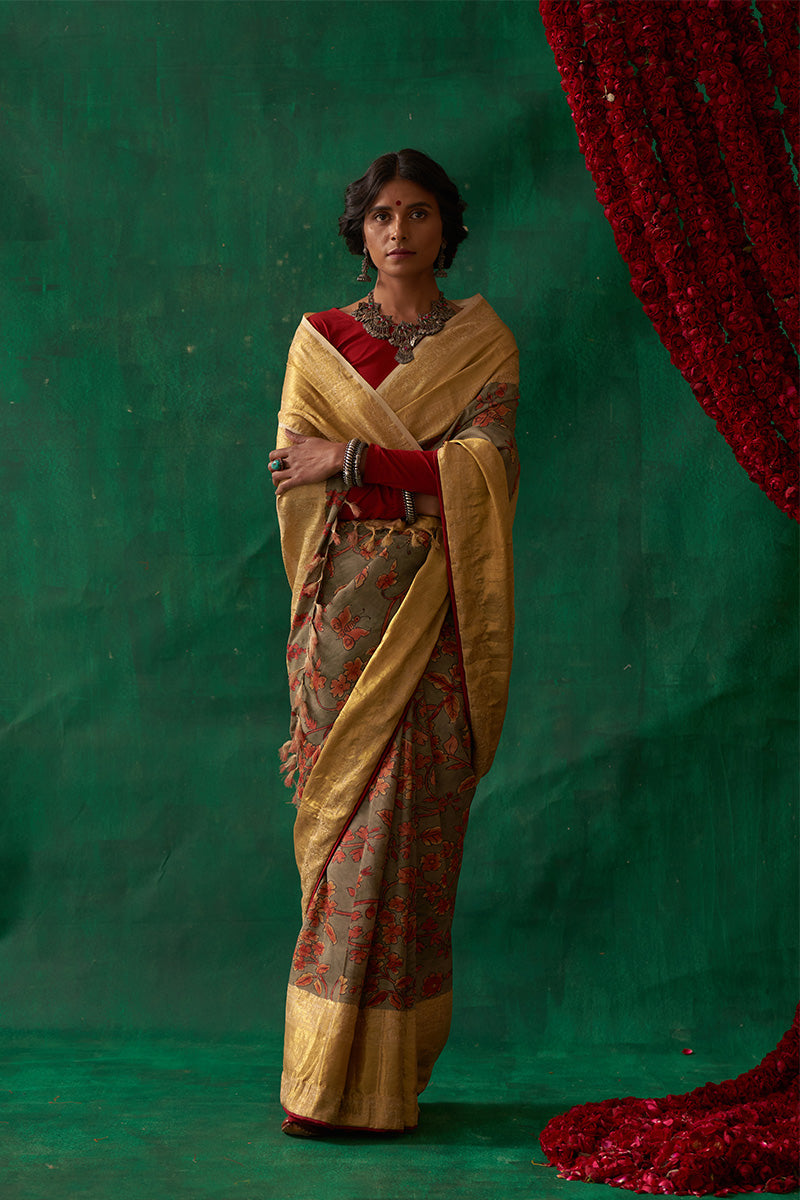 Sudarshna' Kalamkari with Zari Pure Kanjivaram Silk Saree