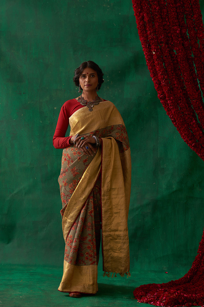 Sudarshna' Kalamkari with Zari Pure Kanjivaram Silk Saree