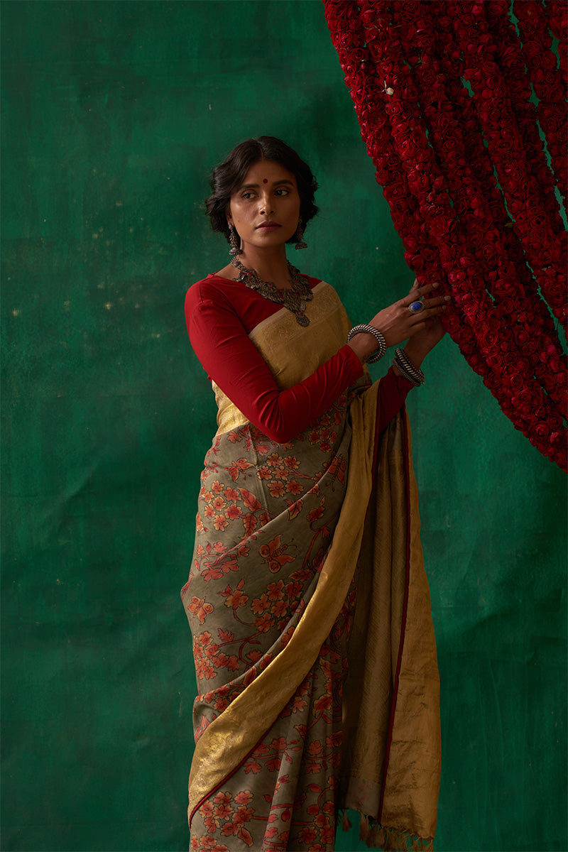 Sudarshna' Kalamkari with Zari Pure Kanjivaram Silk Saree