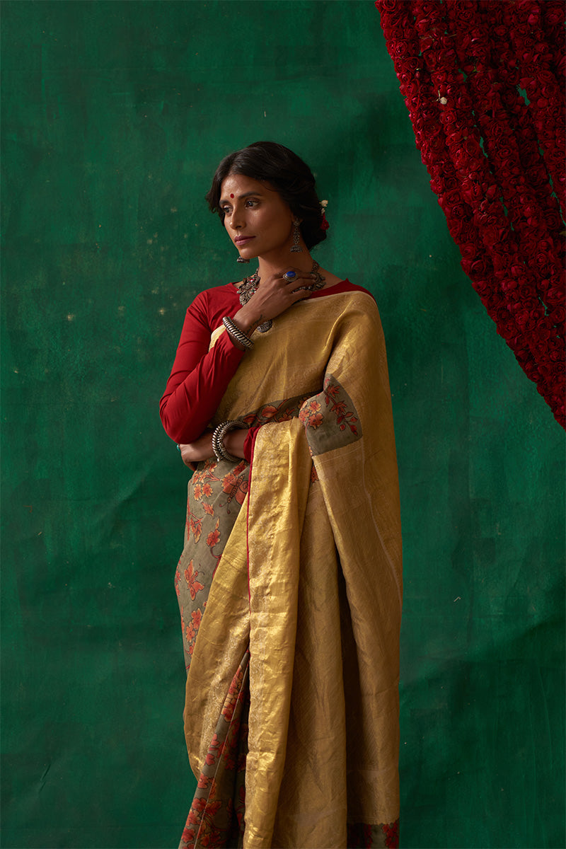 Sudarshna' Kalamkari with Zari Pure Kanjivaram Silk Saree
