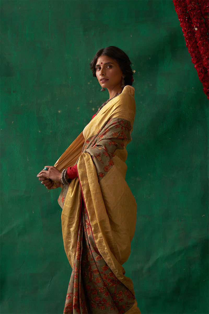 Sudarshna' Kalamkari with Zari Pure Kanjivaram Silk Saree