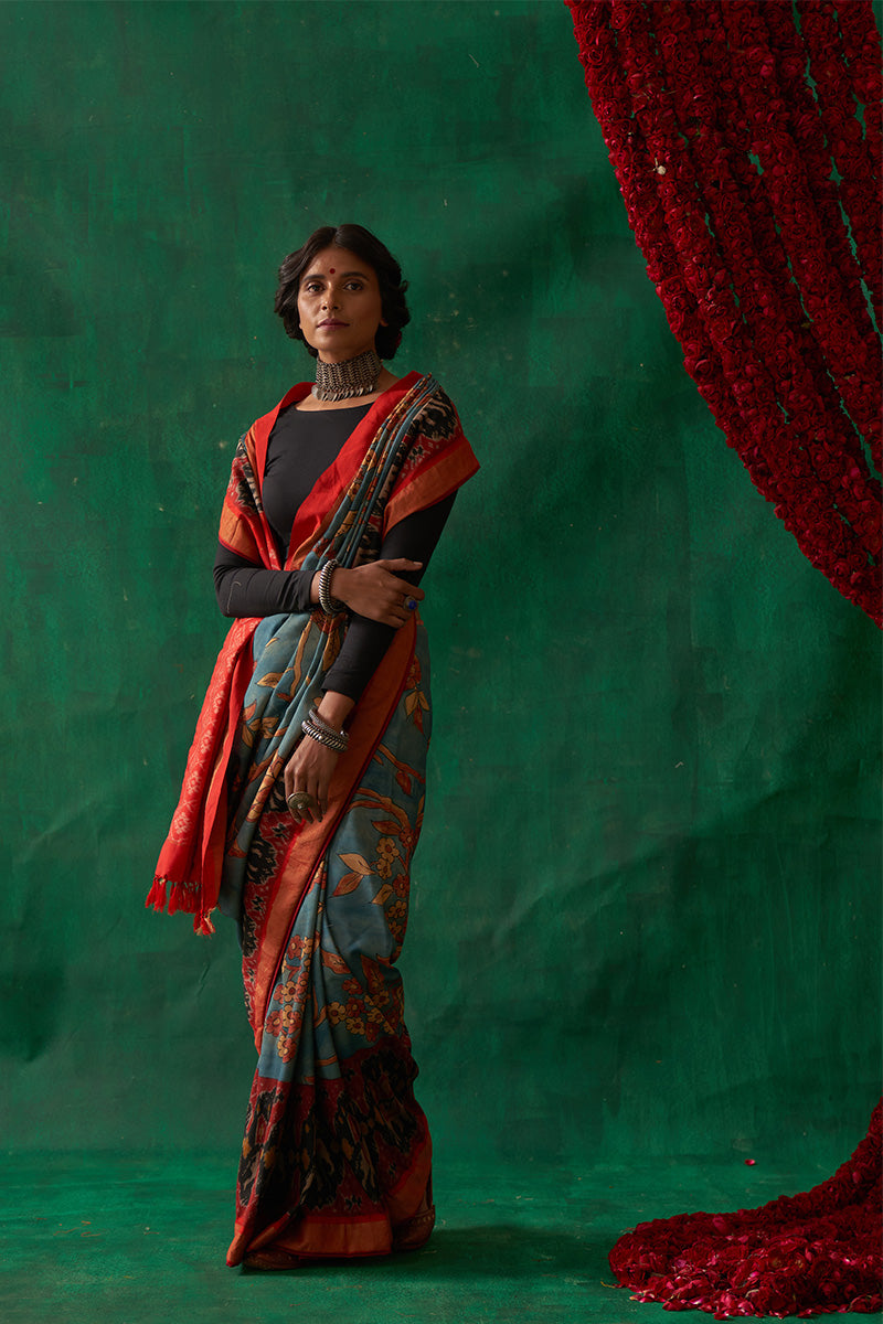 Uttama' Kalamkari with Zari Pure Pochampally Ikat Silk Saree