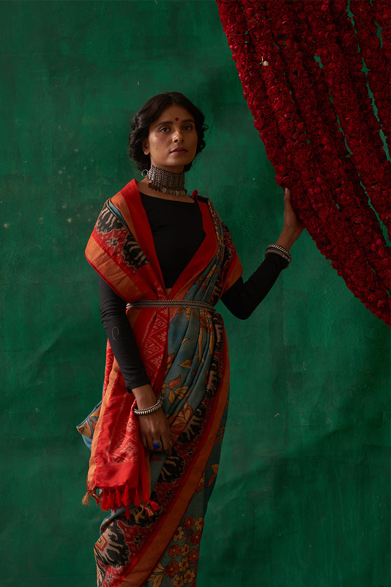 Uttama' Kalamkari with Zari Pure Pochampally Ikat Silk Saree