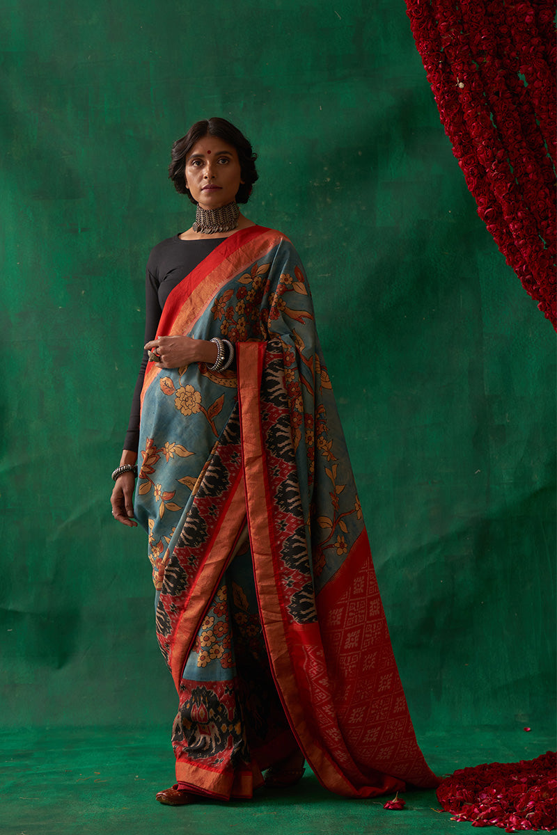 Uttama' Kalamkari with Zari Pure Pochampally Ikat Silk Saree
