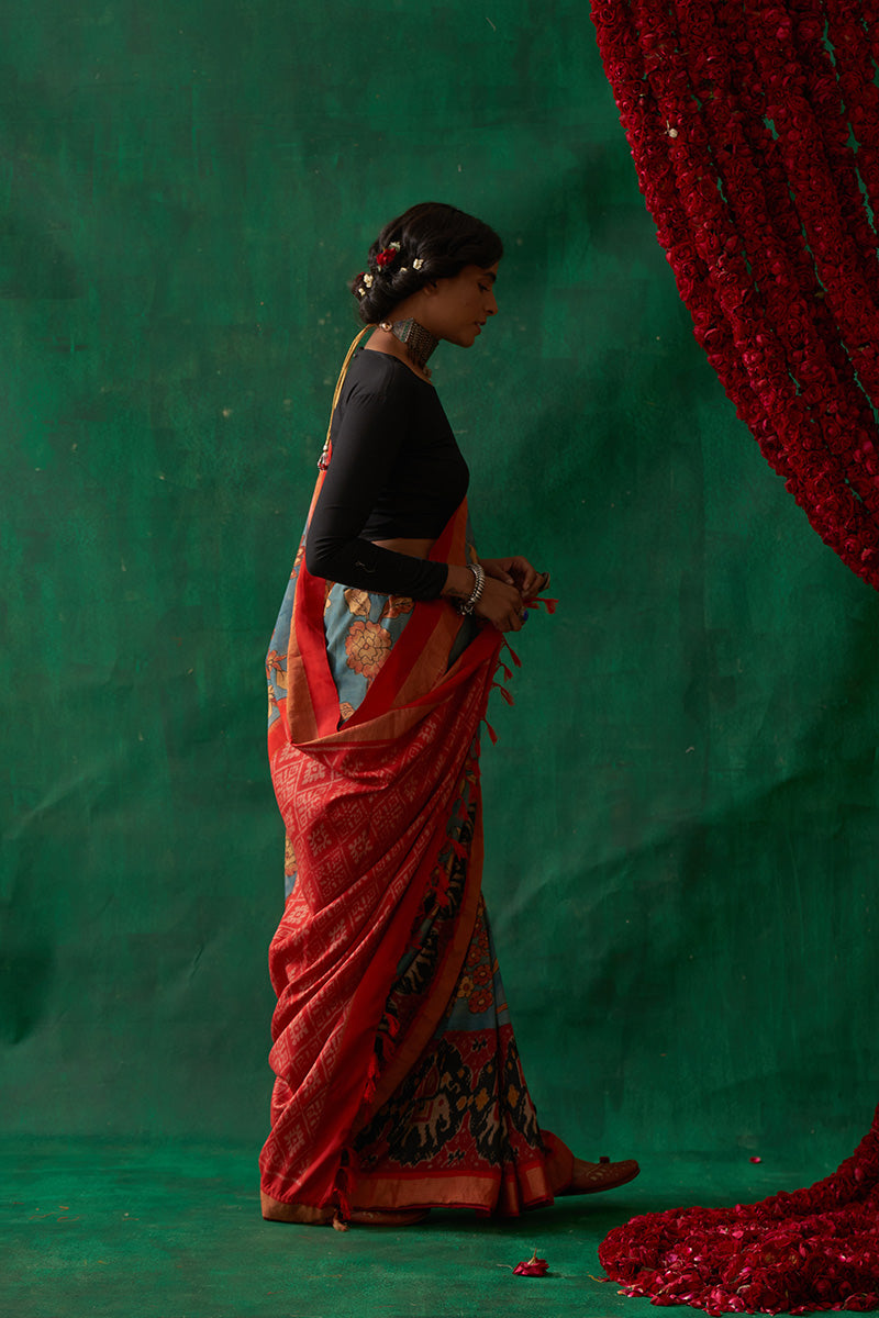 Uttama' Kalamkari with Zari Pure Pochampally Ikat Silk Saree