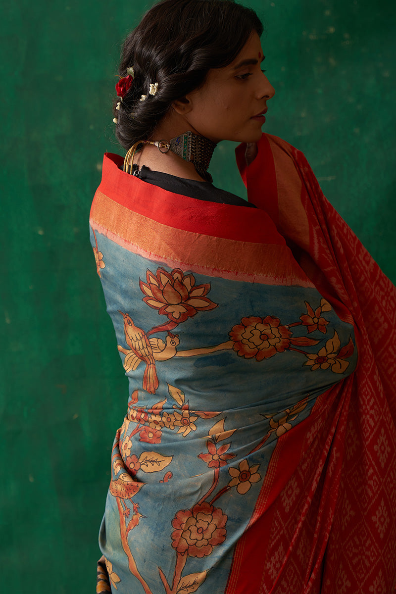 Uttama' Kalamkari with Zari Pure Pochampally Ikat Silk Saree