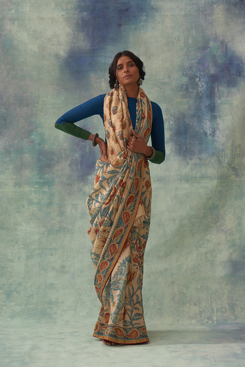 Pragalbha' Kalamkari with Zari Pure Banarasi Silk Saree