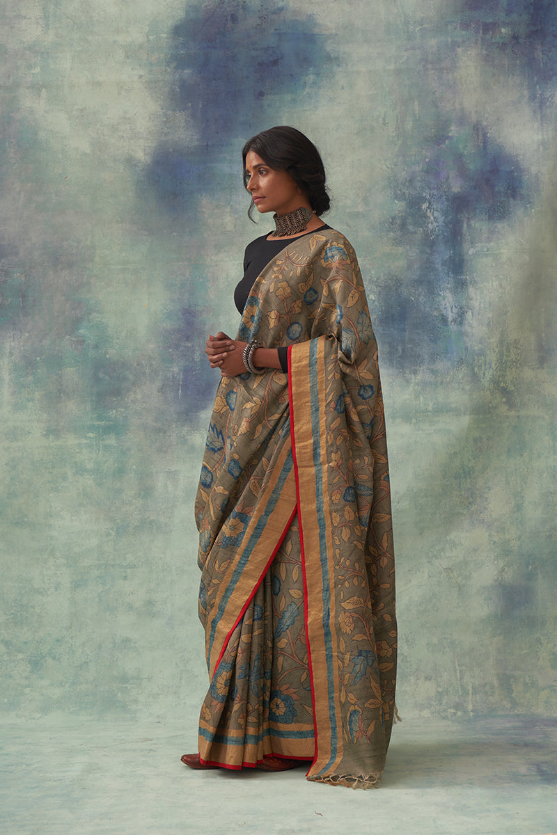 Padmini' Kalamkari with Zari Pure Tussar Silk Saree
