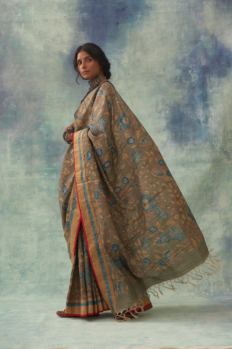 Padmini' Kalamkari with Zari Pure Tussar Silk Saree