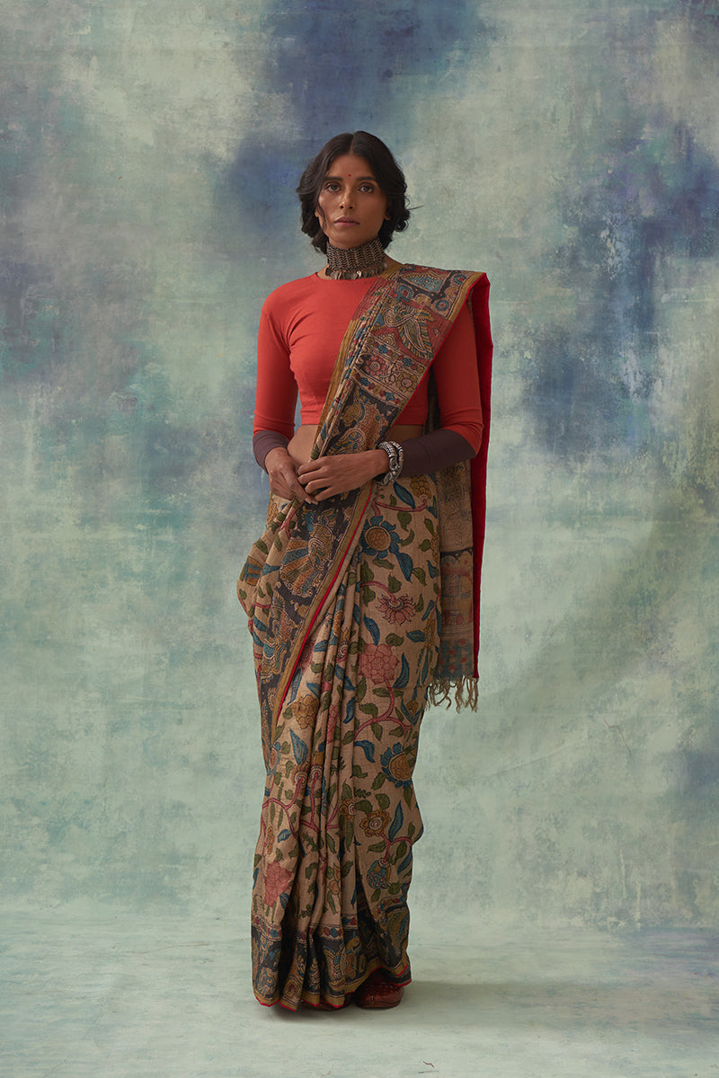 Chitrani' Kalamkari Pure Tussar Silk Saree