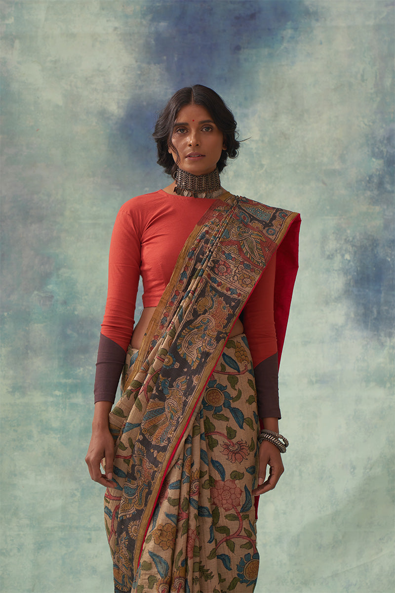 Chitrani' Kalamkari Pure Tussar Silk Saree