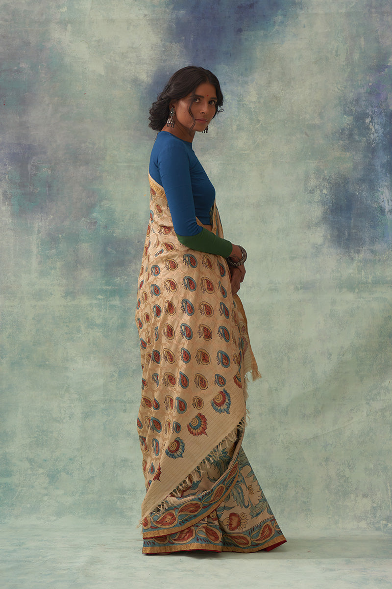 Pragalbha' Kalamkari with Zari Pure Banarasi Silk Saree
