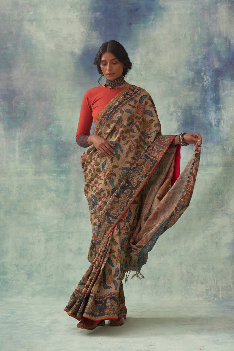 Chitrani' Kalamkari Pure Tussar Silk Saree