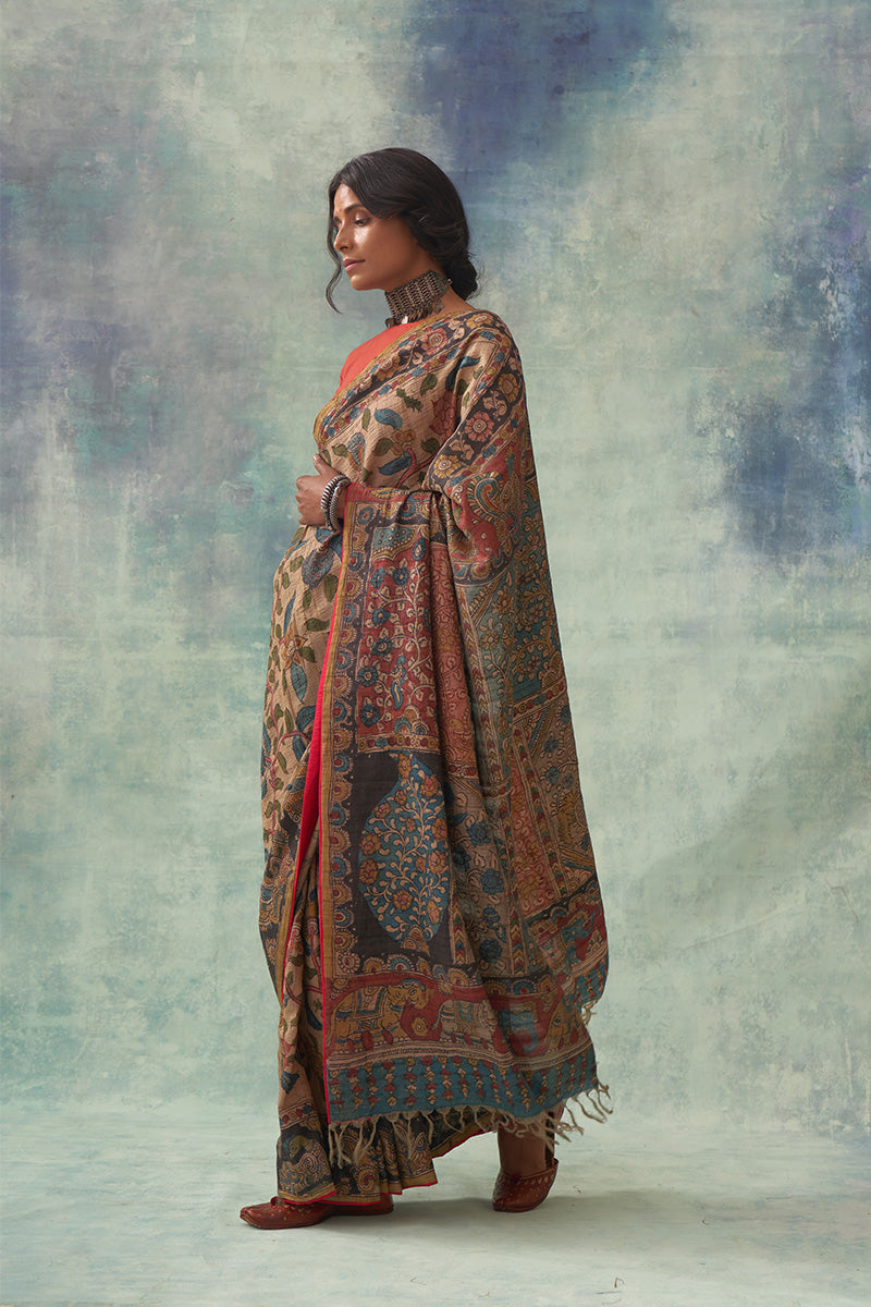 Chitrani' Kalamkari Pure Tussar Silk Saree