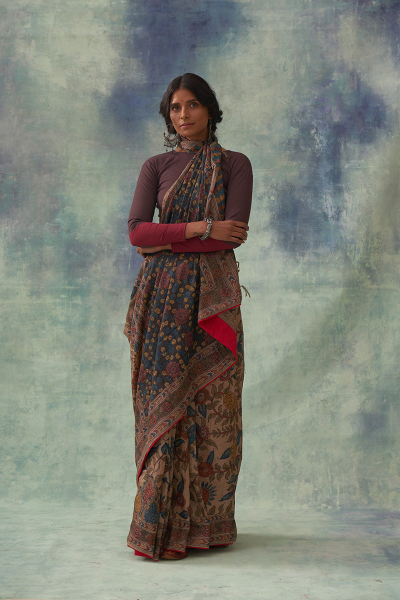 Chandan' Kalamkari Pure Tussar Silk Saree