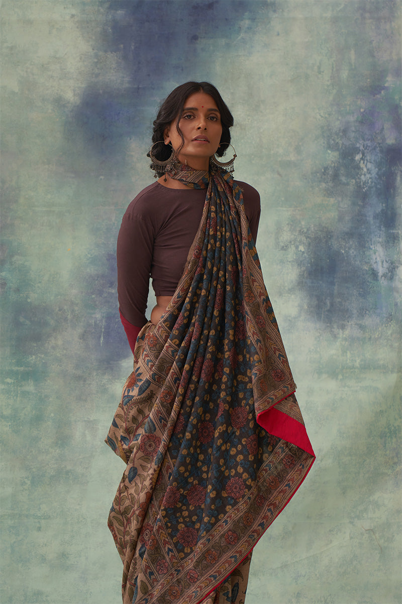 Chandan' Kalamkari Pure Tussar Silk Saree