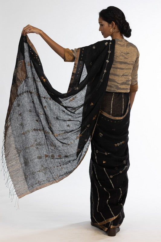 MITHILA' Jamdani Linen Handloom Sari unstitched blouse
