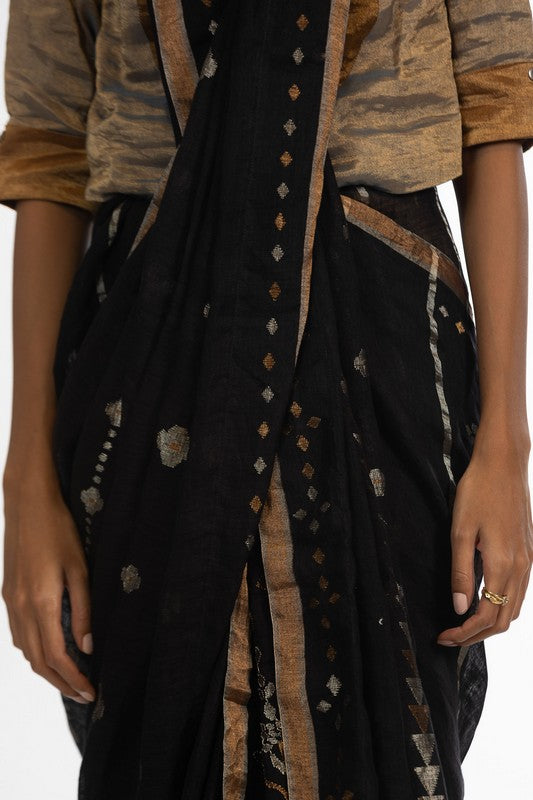 MITHILA' Jamdani Linen Handloom Sari unstitched blouse