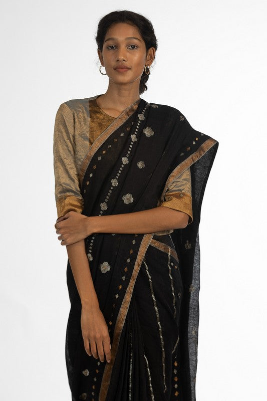MITHILA' Jamdani Linen Handloom Sari unstitched blouse