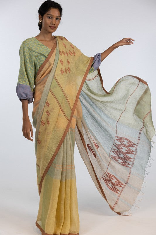 CHITRA' Jamdani Linen Handloom Sari unstitched blouse