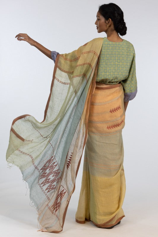 CHITRA' Jamdani Linen Handloom Sari unstitched blouse