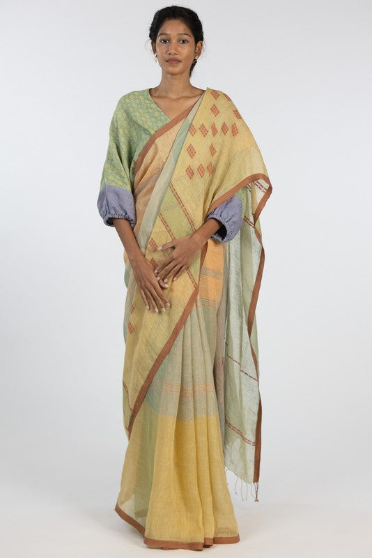 CHITRA' Jamdani Linen Handloom Sari unstitched blouse