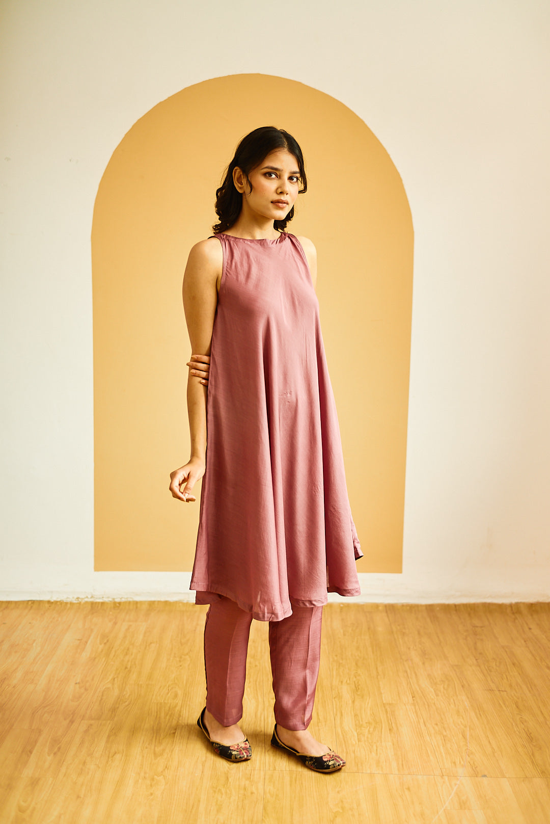 MAUVE COTTON SILK FLAIRED TUNIC SET