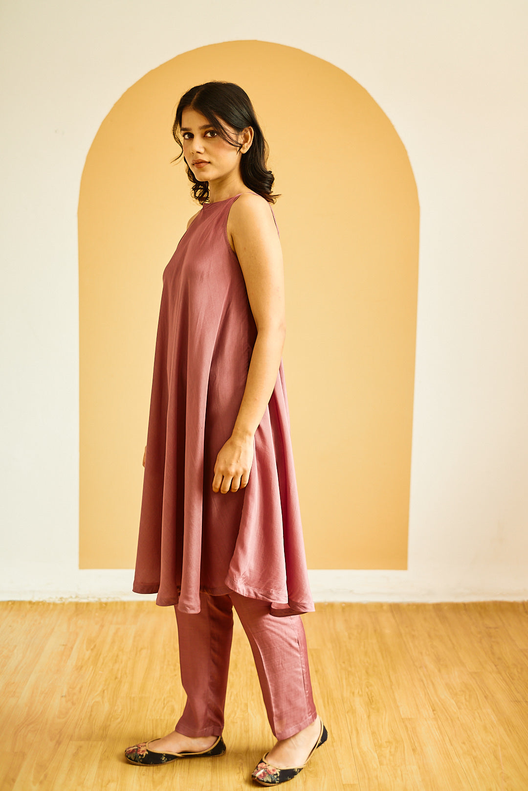 MAUVE COTTON SILK FLAIRED TUNIC SET