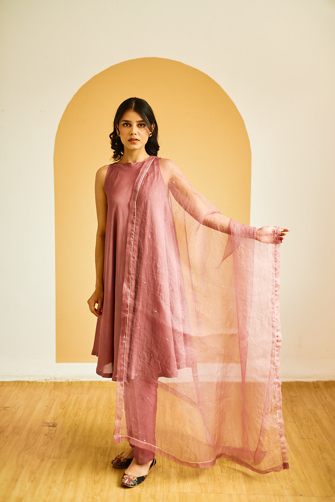 MAUVE COTTON SILK FLAIRED TUNIC SET