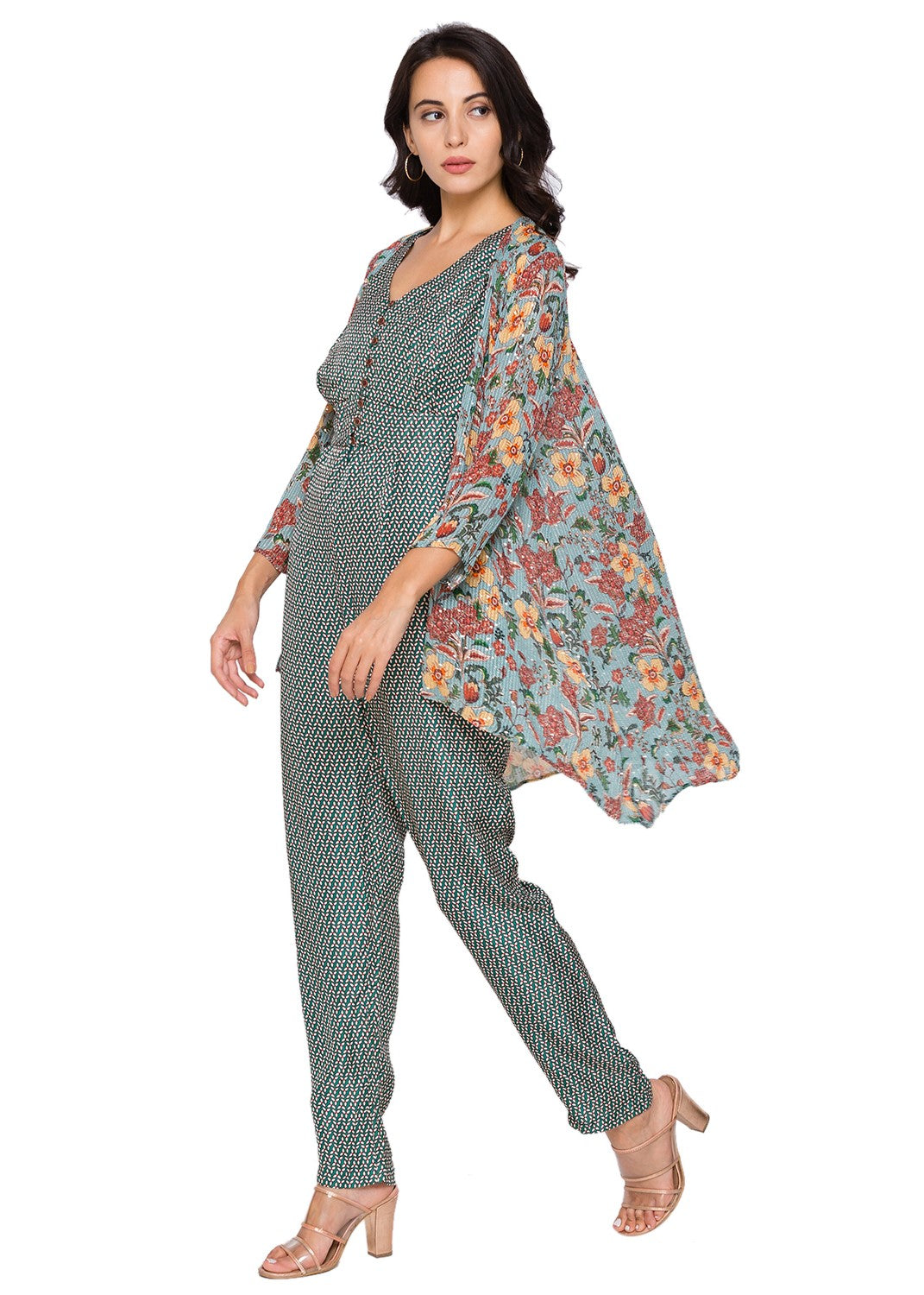 Jumpsuit with loop buttons paired printed jacket